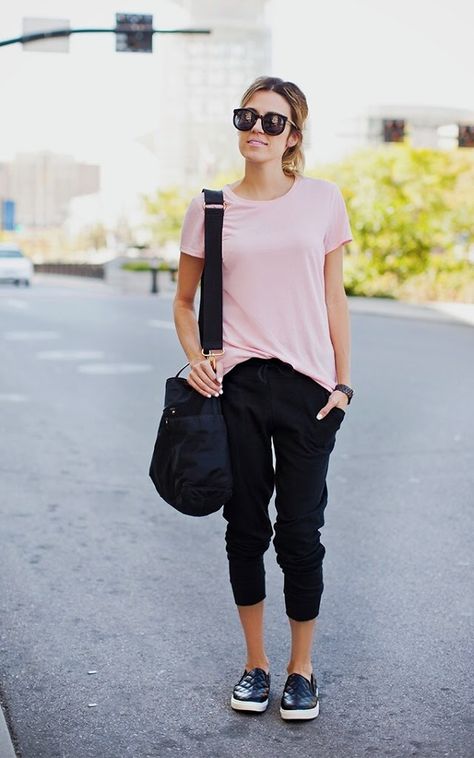 A Basic Tee 4 Ways from Flats to Heels | Hello Fashion How To Wear Joggers, Jogger Outfit, Sneaker Outfits, Hello Fashion, Joggers Outfit, Athleisure Outfits, Sneakers Outfit, Spring Summer Outfits, Outfits Casuales