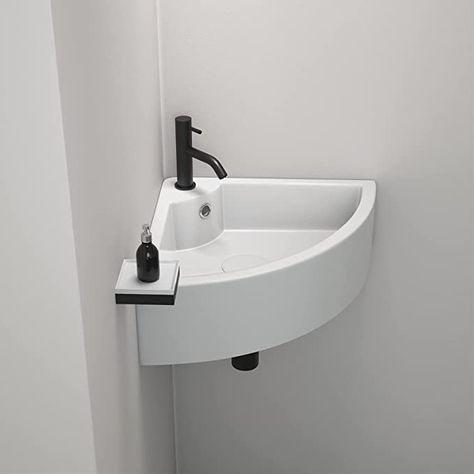 Wc Ideas Downstairs Loo Corner Sink, Small Cloakroom Sink, Mini Sink Bathroom, Corner Wash Basin Ideas, Corner Basin Bathroom, Corner Sink Ideas, Small Corner Sink, Corner Wash Basin, Stair Bathroom