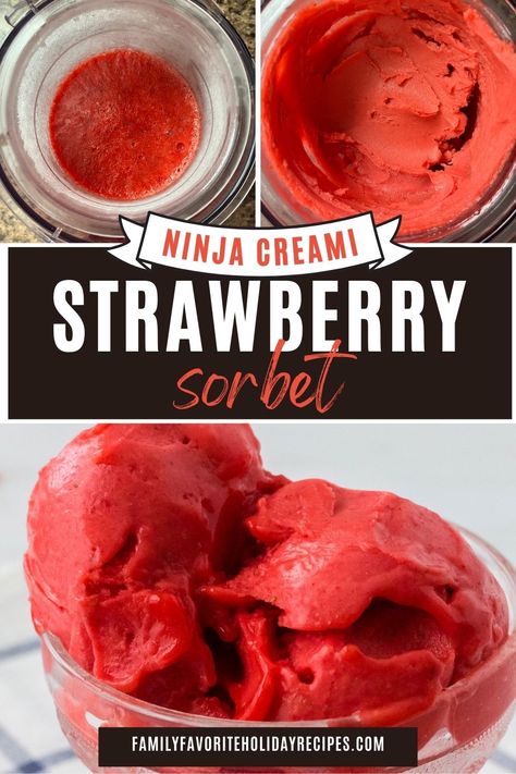 It's super easy to make strawberry sorbet in the Ninja Creami ice cream maker! This refreshing sweet treat is the perfect way to cool down on a hot day! Ninja Creami Deluxe Slushie Recipes, Creami Recipies, Ice Cream Maker Recipes Healthy, Strawberry Sorbet Recipe, Frozen Deserts, Ninja Creamy, Ninja Ice Cream Recipe, Healthy Ice Cream Recipes, Creami Recipes