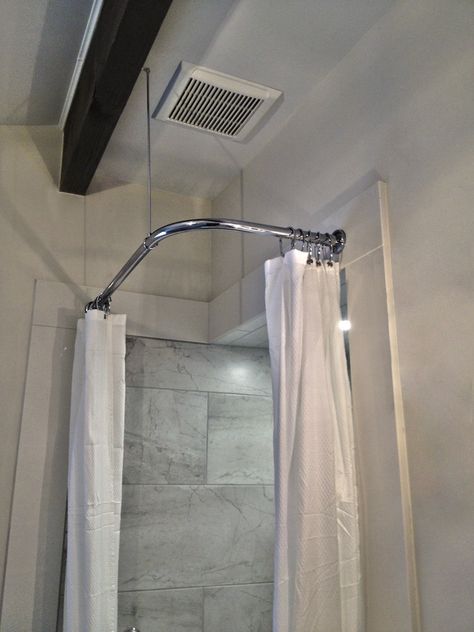 Corner Shower Rod with Heavy Round Brackets and Swivel Ceiling Support in Polished Chrome finish and Double Shower Curtains. Double Shower Curtains, Corner Shower Curtain Rod, Double Shower Curtain, Rustic Bath, Bathroom Showers, Shower Rods, Custom Rods, Double Shower, Simple Curtains