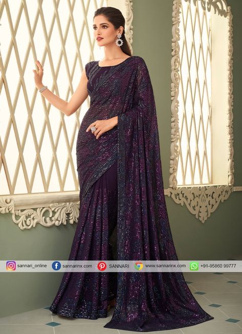 Classic Saree Sequins Georgette in Purple Chiffon Saree Look, Purple Sarees, Saree For Engagement, Sarees For Wedding, Classic Saree, Sequence Saree, Purple Saree, Ready To Wear Saree, Trendy Sarees