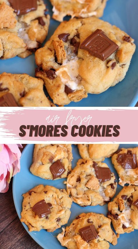 S'mores in cookie form...made in your air fryer! (also contains instructions for oven baking!) #airfryer #smores S’more Air Fryer, Air Fry S'mores, Air Fryer Christmas Treats, Air Fryer Cookies Easy Recipes, Air Fried Desserts, Fried Deserts, Cookies In Air Fryer, Air Fryer Cookies, Air Fryer Desserts