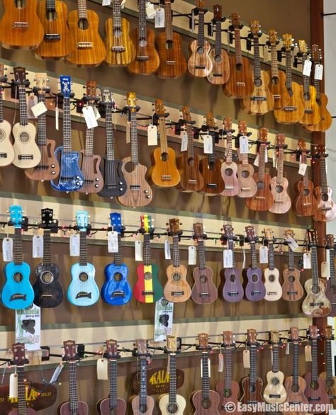 So many ukuleles! We carry a bunch of these! Gitar Vintage, Ukulele Design, Ukulele Art, Cool Ukulele, Ukulele Music, Music Center, Guitar Painting, Ukulele Songs, Ukulele Chords