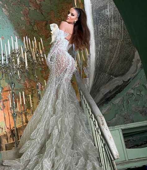 Oriola Marashi (@oriolamarashi) • Instagram photos and videos Dress For Bride, Bride Elegant, Sequins Dress, Clive Christian, Mermaid Wedding Dresses, Embroidered Organza, Laura Geller, Custom Bridal, Issey Miyake