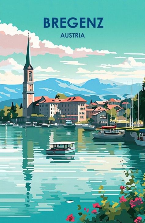 Bregenz Austria, Wanderlust Decor, City Postcard, Travel Poster Design, Global City, Travel Globe, Retro Travel Poster, Travel Wall Art, Travel Inspired