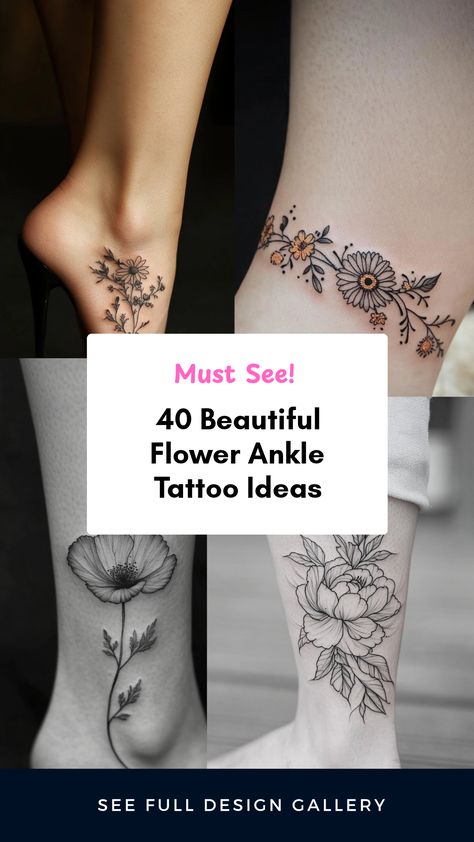 Are you thinking about adding a floral touch to your ankle? Get inspired by our 40 stunning flower ankle tattoo ideas that combine elegance and personal symbolism. Discover stylish designs suitable for every personality, whether you prefer delicate blossoms or bold arrangements. These tattoos can express your individuality and style beautifully. Let your ankle shine with these artistic ideas that cater to both tattoo newbies and enthusiasts alike. Your dream tattoo is just a pin away! Birth Flower Ankle Tattoos For Women, Large Ankle Tattoos For Women, Delicate Foot Tattoos For Women, Back Of Heel Tattoo, Foot Flower Tattoos, Ankle And Foot Tattoos For Women, Flower Ankle Tattoos, Flower Ankle Tattoo, Flower Foot Tattoo