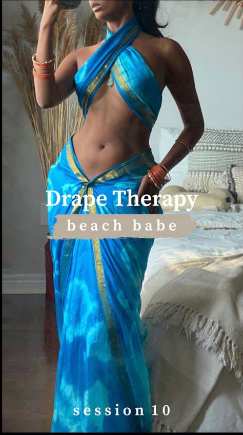 Unifying the dhoti and bandeau in one, uniform fitting drape curated by Natasha Thasan #drapetherapy #drapeordrip #tamilaesthetic #dhoti #bandeau Drape Therapy, Indian Swimwear, Natasha Thasan, Saree Dhoti, Indian Outfits Modern, Ancient Dress, Indian Goddess, Brown Style, Indian Ethnic Wear