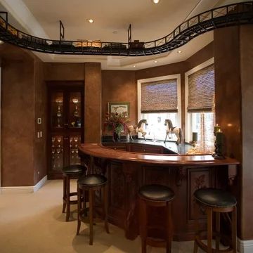 Train Track - Photos & Ideas | Houzz Train Track Pictures, Dark Academia Home, Track Pictures, Home Bar Design, Train Room, Cars Room, Dark Wood Cabinets, Flat Panel Cabinets, Brown Floors