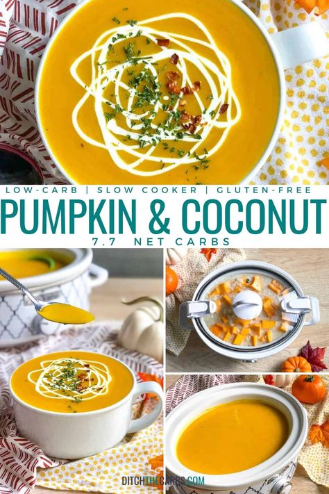 Low Carb Pumpkin Soup Recipes, Crockpot Pumpkin Soup Recipes, Pumpkin Coconut Milk Recipes, Coconut Cream Soup, Pumpkin Soup Recipe Crockpot, Pumpkin Soup Crockpot, Pumpkin Soup Slow Cooker, Pumpkin Soup Coconut Milk, Fall Soups Crockpot