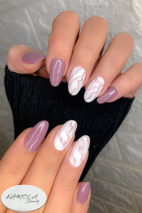 Purple & White Marble  Gel ext. Biab Nail Design Purple, Marbled Gel Nails, Lilac Marble Nails, Nails Marble Designs, Marble Nails Gel, White Marble Nails, Purple Marble Nails, Marble Acrylic Nails, Nail Polish Art Designs