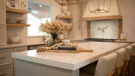 Vadara Quartz, Quartz Countertops And Backsplash, Calcatta Quartz, Countertops And Backsplash, Quartz Backsplash, Calacatta Quartz, Wood Island, Countertop Options, Island Countertops