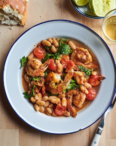 Garlicky Sautéed Shrimp with Creamy White Beans and Blistered Tomatoes | Kitchn Shrimp And Beans, Creamy White Beans, Blistered Tomatoes, Garlicky Shrimp, Tapas Dishes, Shrimp Dinner, Sauteed Shrimp, Pescatarian Recipes, Mediterranean Diet Recipes