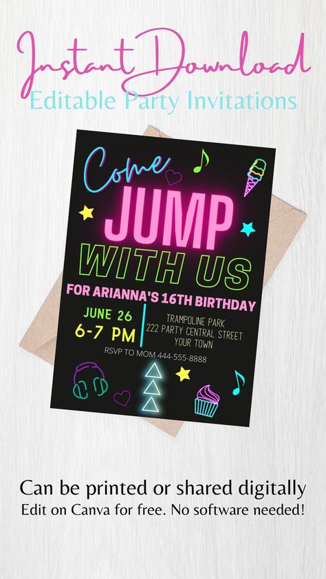 Bright, fun, fully editable, and INSTANT invitations for your jump party! Save TONS of money by downloading and sharing this item vs. standard customization and printing methods. You can edit font and font colors. Invitations can be printed in 5x7 format or sent as an animated digital invitation via text or email. Jump Park Birthday Invite, Trampoline Party Invitations, Trampoline Birthday Invitations, Jump Party Invitations, Trampoline Party, Jump Party, Park Birthday, Tons Of Money, Edit Font