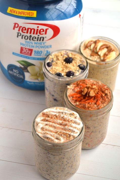 Easy Overnight Oats- 4 Ways! | The Nutritionist Reviews Bariatric Overnight Oats Healthy, Cheesecake Cinnamon, Oatmeal Overnight, Good Protein Foods, Protein Drink Recipes, Night Oats, Ww Breakfast, Breakfast Quick, Premier Protein Shakes