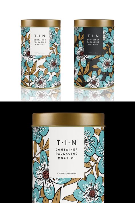 Tin Container Packaging MockUp #2 | GraphicBurger Metallic Packaging Design, Metal Packaging, Spices Packaging, Tea Packaging Design, Free Packaging Mockup, Perfume Packaging, Creative Coffee, Tea Brands, Packaging Designs