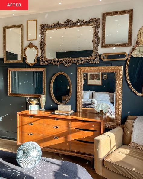 Disco light reflected around newly renovated bedroom with dark painted walls and mirror gallery wall above wooden dresser. Mirror Gallery Wall Ideas, Redo Mirror, Ikea Headboard Hack, Black Gold Bedroom, Mirror Decor Ideas, Grey Wall Color, Mirror Gallery, Mirror Gallery Wall, Dark Paint Colors