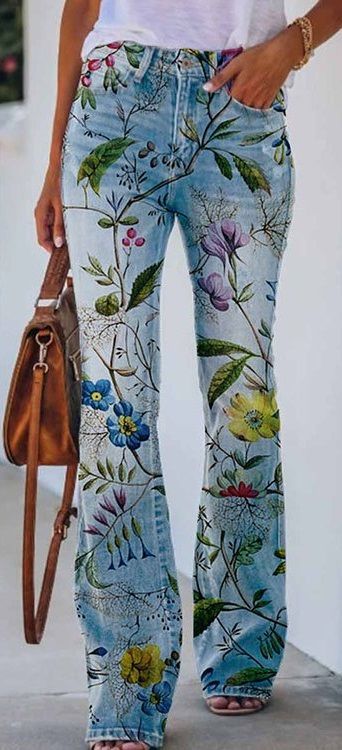 Printed Denim Pants, Y2k Pants, Streetwear Jeans, Floral Jeans, Flared Pants, Pencil Pants, Printed Denim, Bell Bottom, Fashion Mode