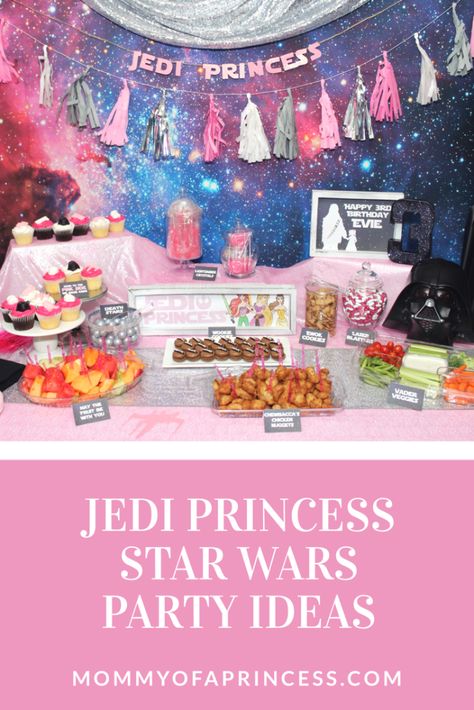 Girly Star Wars Party Ideas for Jedi Princess third birthday with free printables, food ideas and party tips Starwars Printable, Girly Star Wars, Girls Star Wars Party, Star Wars Printables Free, Star Wars Party Ideas, Star Wars Girl, Decoracion Star Wars, Jedi Princess, Star Wars Printables