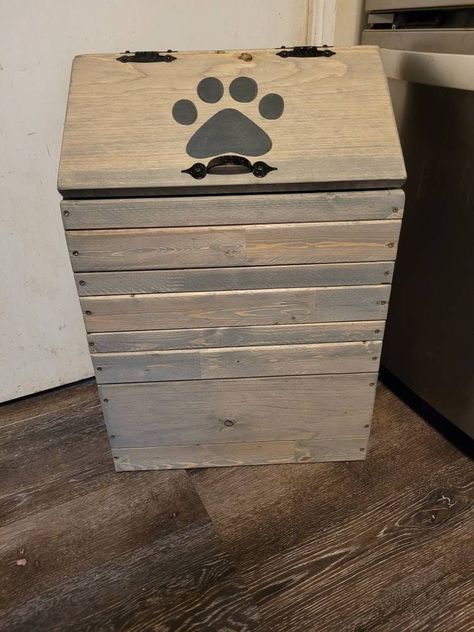 Wooden Dog Food Storage Diy, Dog Food Container Ideas, Diy Dog Food Storage Container, Wood Dog Food Storage, Diy Pet Food Storage, Dog Food Cabinet, Large Dog Food Storage, Dog Food Storage Ideas, Dog Food Storage Diy