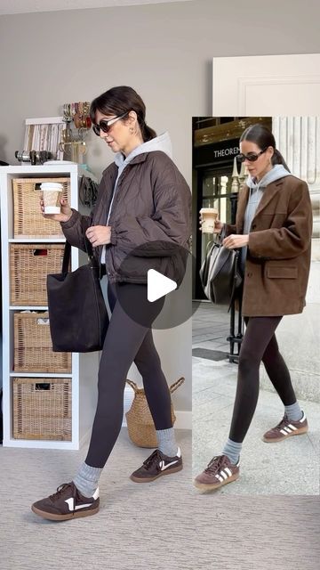 Christin Bryant | over 40 style | 🇨🇦 on Instagram: "Pinterest inspired brown suede outfit 🤎 I didn’t have this falls “it” item, a brown suede jacket, but made it similar with a brown suede bag and suede sneakers and by swapping out the laces! Comment “link” for a dm with links & size info.  - leggings, hoodie, sunnies, socks: @amazon - sneakers @dolcevita @anthropologie  - bag: @madewell - jacket: @oldnavy (old)  Inspo pic: @lglora via Pinterest  Other ways to shop: - find me (cbstyled) in the LTK app - link in bio > LTK outfit links - see my "Nov links" highlight - Amazon items are also available in the relevant category on my US and Canadian Amazon pages (link is in my bio)  #pinterestoutfit #pinterestinspired #suedejacket  Pinterest fall outfit, Pinterest leggings outfit, brown suede Brown Tights Outfit Leggings, Chocolate Brown Leggings Outfit, Brown Trainers Outfit, Brown Leggings Outfit Fall, Amazon Sneakers, Brown Leggings Outfit, Anthropologie Bag, Chocolate Brown Leggings, Brown Suede Bag