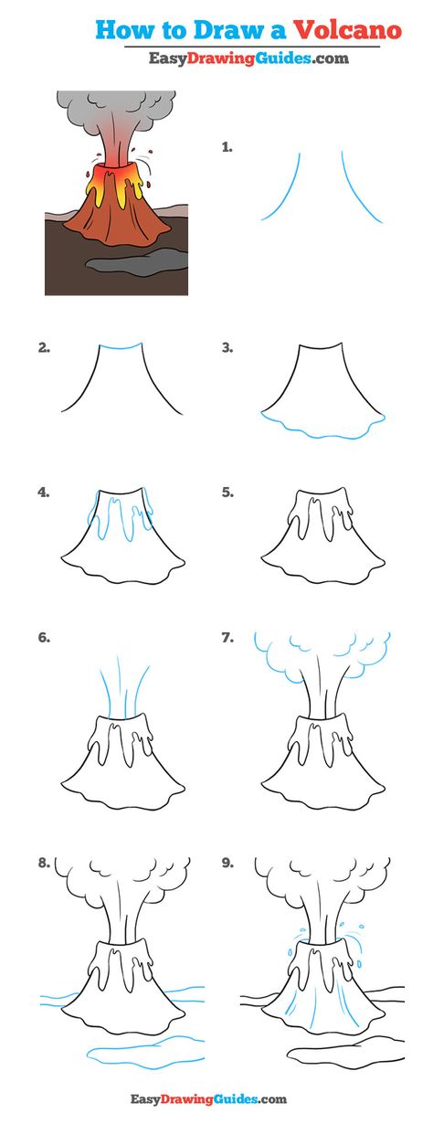 Learn How to Draw a Volcano: Easy Step-by-Step Drawing Tutorial for Kids and Beginners. #Volcano #drawing #tutorial. See the full tutorial at https://easydrawingguides.com/how-to-draw-a-volcano-really-easy-drawing-tutorial/. Volcano Drawing, Trin For Trin Tegning, Easy Art Lessons, Drawing Tutorials For Beginners, Easy Drawing Tutorial, Drawing Tutorials For Kids, Seni Dan Kraf, Drawing Step, Artists For Kids