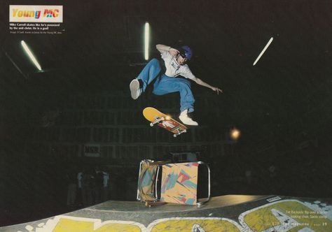 Mike Carroll  in a Stereo shirt  by Dave Swift. RAD April 1994. Mike Carroll, Skateboard Pics, Classic Skateboard, Bones Brigade, Skateboard Pictures, Skateboard Aesthetic, 90s Skate, Skateboard Photography, Vintage Skateboards