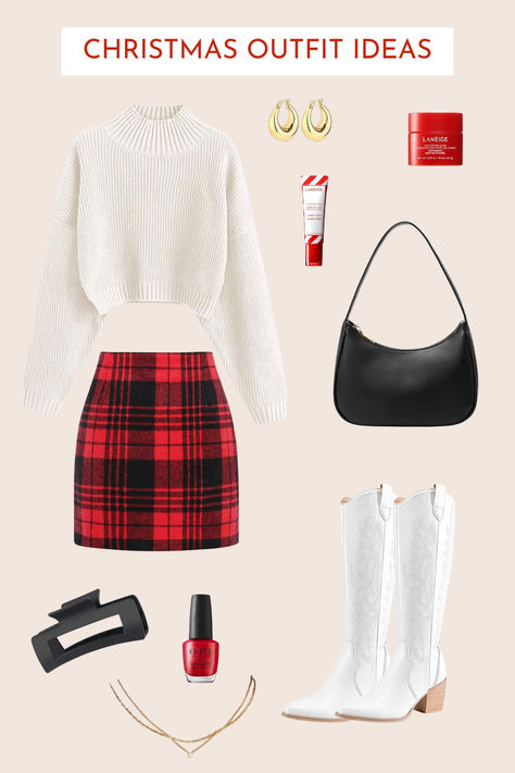 #Ad #AmazonAffiliate Rock the holidays in style! Pair a cozy white cropped turtleneck sweater with a red flannel plaid high-waisted pencil mini skirt for a timeless, festive vibe. Add white knee-high cowboy boots for a trendy twist. Accessorize with a black mini clutch, gold necklace, chunky hoops, a chic black hair claw, Laneige candy cane lip balm, and bold red nails. Perfect for Christmas parties or festive outings! 🎄✨ #HolidayFashion #ChristmasOutfitIdeas Christmas Skirt Outfit, Candy Cane Outfit, Cute Christmas Party Outfits, Red Christmas Outfit, Christmas Fashion Outfits, Festive Christmas Outfit, Knee High Cowboy Boots, Cropped Turtleneck Sweater, Girly Christmas Gifts