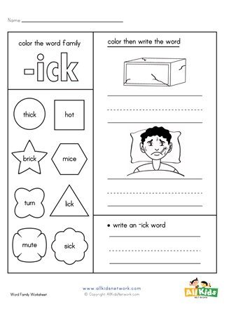 Identify and write -ick words like thick, brick, lick and sick. Ick Word Family Worksheets, Words Worksheet, Family Worksheet, Word Family Worksheets, Word Family, Early Readers, Reading Worksheets, Printable Activities For Kids, All Kids