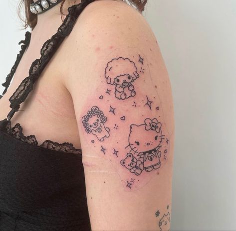 My Sweet Piano Tattoo, Kawaii Tattoo Sleeve, Rilakkuma Tattoo, My Melody Tattoo, Kuromi Tattoo, Piano Tattoo, Cute Simple Tattoos, Stitch Tattoo, Hello Kitty Tattoos