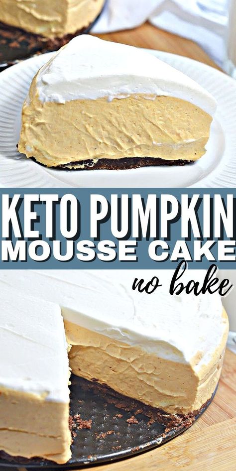 No Bake Keto Pumpkin Mousse Cake - Light and airy, with a delicious sugar-free chocolate crust, this no bake keto pumpkin mousse cake is an elegant fall dessert. #keto #Ketorecipes #Ketodiet #Ketopumpkinmoussecake #ketofallrecipes #pumpkincake #moussecake #falldessert #ketodessertideas #food #recipes Pumpkin Mousse Cake, Keto Pumpkin Mousse, Keto Pumpkin Pie, Pumpkin Mousse, Chocolate Crust, Keto Pumpkin, Low Carb Low Sugar, Low Sugar Recipes, Low Carb Sweets