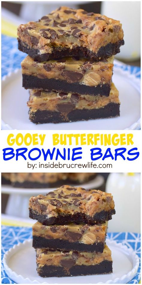 Candy bars and chocolate make these gooey brownie bars a sure hit for dessert!  Perfect for sharing at parties and picnics! Dessert Crowd, Brownie Deserts, Winter Sweets, Finger Desserts, Brownie Bars, Butterfinger Candy, Dessert Bar Recipe, Cookie Brownie Bars, Bar Recipes