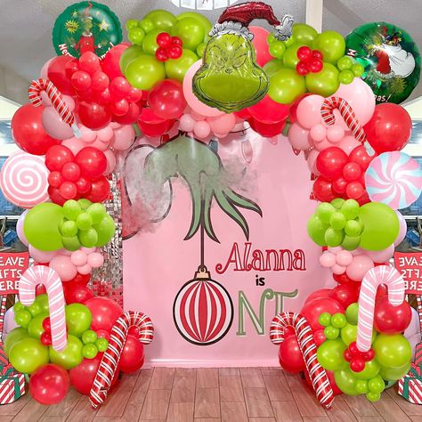 PRICES MAY VARY. Christmas Balloon Garland Pack: This Christmas Party Decorations includes 15 latex balloons (12 inches), 60 latex balloons(10 inches),60 latex balloons(5inches) ,4 round foil balloons ( 18 inches), 6 cane candy balloons(36*20 inchesx4 13*8inchx2), 1 grinc balloons,1 roll of 100 adhesive dots. Christmas theme colors: these balloons are mainly in red, green, silvery balloons, the colors will cater to the Christmas themed party and go well with other decorations. Attractive Cane Ca Grinch Balloon Decorations, Pink Grinch Birthday Party, Grinch Balloon Garland, Grinch Balloon Arch, Grinch Balloons, Grinch Birthday Party Decorations, Grinch Themed Birthday Party, Grinch Party Decorations, Friendsmas Ideas