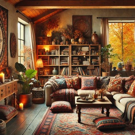 Bohemian in Fall #fall #falldecor #bohostyle #hippie Dreamy Decorations, Hippie Living Room, Bohemian Lounge, Bohemian Eclectic, Book Shelves, Distressed Furniture, Bohemian Design, Dream House Decor, House Inspo