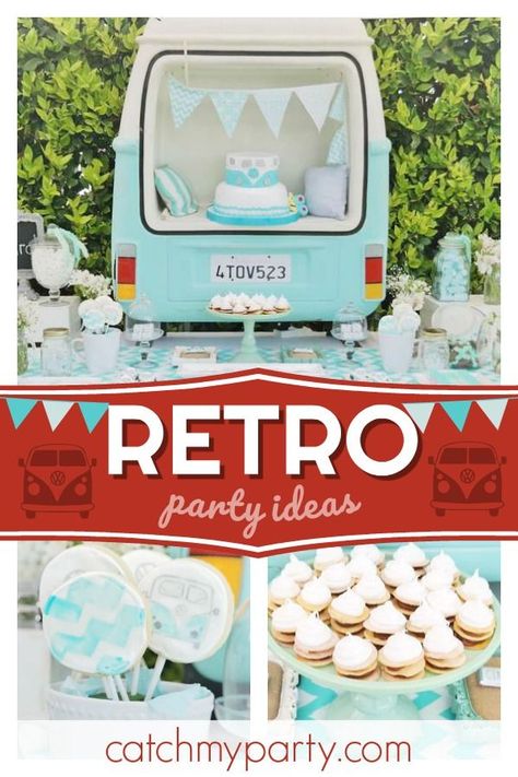 Vw Bus Party Theme, Volkswagen Birthday Party Ideas, Retro Campervan, Retro Camper Van, Birthday Themes For Adults, 70s Theme Party, 18th Birthday Party Themes, Fashion Birthday, Themes Ideas