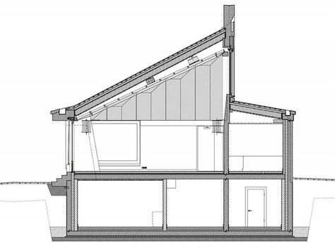 asymmetrical pitched roof tops parish hall by joos & mathys + daniel nyffeler in switzerland Dutch Gable Roof, Triangle Building, Monopitch Roof, Roof Eaves, Roof Tops, House Roof Design, Roof Shapes, Interior Architecture Drawing, Roof Extension