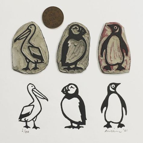 Random Diys, Linoleum Print, Linocut Printmaking, Lino Art, Penguin Art, Stamp Carving, Linocut Art, Handmade Stamps, Printmaking Art