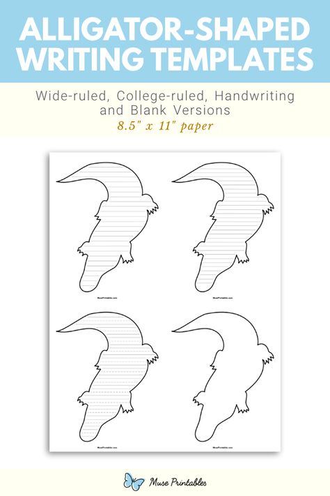 Free printable alligator-shaped writing templates. This PDF download includes wide ruled, narrow ruled, handwriting, and blank versions. Download the templates at https://museprintables.com/download/writing-template/alligator-shaped/ Infant Projects, Bookmark Printable, Writing Paper Template, Handwriting Lines, Writing Template, Lined Writing Paper, Sensory Room, Writing Templates, Bookmarks Printable