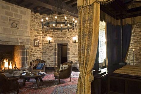 Master Bedroom on Third Level | Medieval Castle de Montbrun, Dournazac, Haute-Vienne, France Medieval Bedroom, Castle Rooms, Castle Bedroom, Chateau Medieval, Tuscan Design, Castles Interior, Tuscan Decorating, Stone Walls, Design Toscano