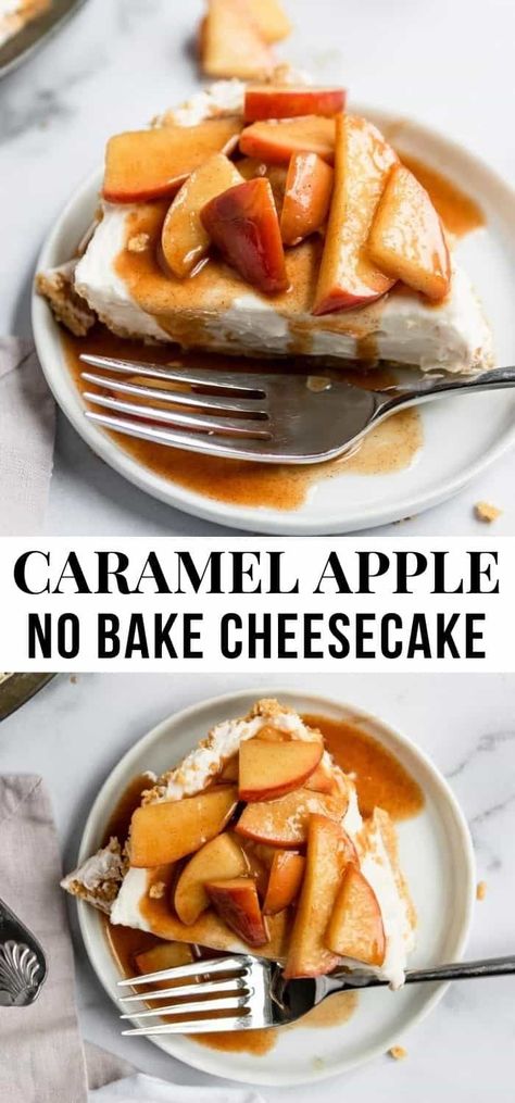 Two of your favorites: apple pie and cheesecake come together in this simple no bake recipe. This No Bake Caramel Apple Cheesecake starts with a graham cracker crust, topped with an easy no bake cheesecake and topped with fried caramel apples. It's a new classic! #nobakecheesecake #caramelapple #applepie #caramelcheesecake #dessertrecipe Caramel Apple Cheesecake No Bake, No Bake Caramel Apple Cheesecake, Baked Caramel Apples, Apple Crisp Cheesecake, Apple Cheesecake Bars, Caramel Apple Cheesecake Bars, Blueberry Crumble Bars, No Bake Recipe, Baked Caramel