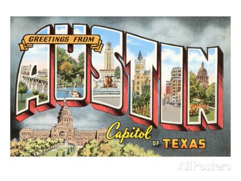 Greetings from Austin, Texas Giclee Print at AllPosters.com Texas Poster, Texas Wall Art, Texas Art, Postcard Invitation, Postcard Printing, Large Letters, Vintage Postcard, Post Cards, Vintage Postcards