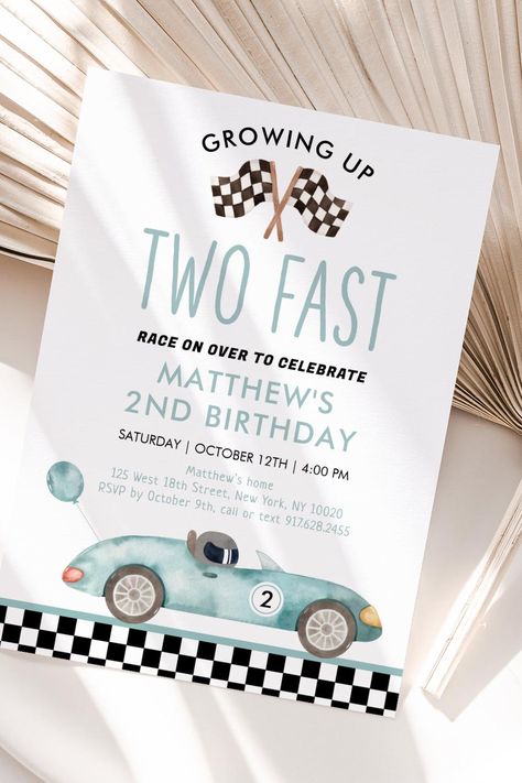 Modern Race Car Two Fast Birthday Invitation Modern Birthday, Race Car, 2nd Birthday, Race Cars, Birthday Invitations, Growing Up, Birthday