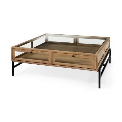 Arelius 42 in. L x 42 in. W x 15 in. H Light Brown with Black Metal Base Square Display Coffee Table Coffee Table Display Case, Wood And Glass Coffee Table, Square Wood Coffee Table, Square Glass Coffee Table, Coffee Table Display, Display Coffee Table, Glass Display Case, Coffee Table With Shelf, Multipurpose Room