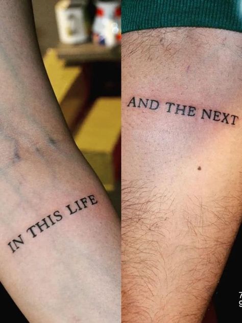 37 Hauntingly Beautiful Couple Tattoos for Lovers of the Dark Couple Words Tattoos, Mach Tattoo Couple, Matching Skeleton Hand Tattoos, Cool Tattoos For Couples, Men Tattoos For Girlfriend, Dainty Wedding Tattoos, Similar Tattoos For Couples, Long Distance Couple Tattoo Ideas, Tattoo Of Husbands Name