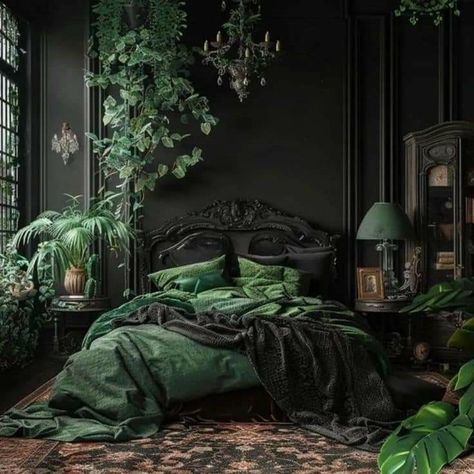 Green Gothic Bedroom, Black Room Aesthetic, Vintage Apartment Decor, Bedroom Decor Ideas For Women, Black And Grey Bedroom, Functional Bedroom, Forest Bedroom, Idea Bedroom, Gothic Bedroom