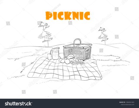 Picnic Line Drawing, Picnic Blanket Drawing, Picnic Drawing Reference, Picnic Tattoo, Picnic Doodle, Picnic Sketch, Barcelona Drawing, Picnic Drawing, Picnic Place