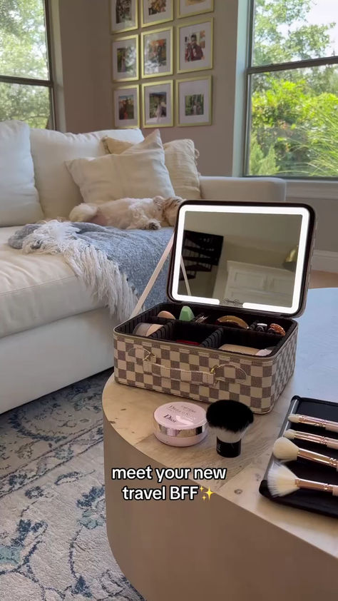 Travel Vanity Makeup Bag LED Lighted Magnifying Mirror Cosmetic Brush Storage Organizer Waterproof Train Case Checkered Leather Luxury Gift #makeup #bag #beauty #fashion #style #love #bags #photography #gift #beautiful #travelbag #luxury #travel #makeuporganizer #louisvuitton #ledmirror #ledmakeupbag #checkeredbag Makeup Bag With Led Mirror, Travel Makeup Organizer, Makeup Bag With Mirror, Vanity Box Makeup, Makeup Organizer With Mirror, Bags Photography, Makeup Beauty Room, Makeup Organizer Bag, Cosmetic Train Case