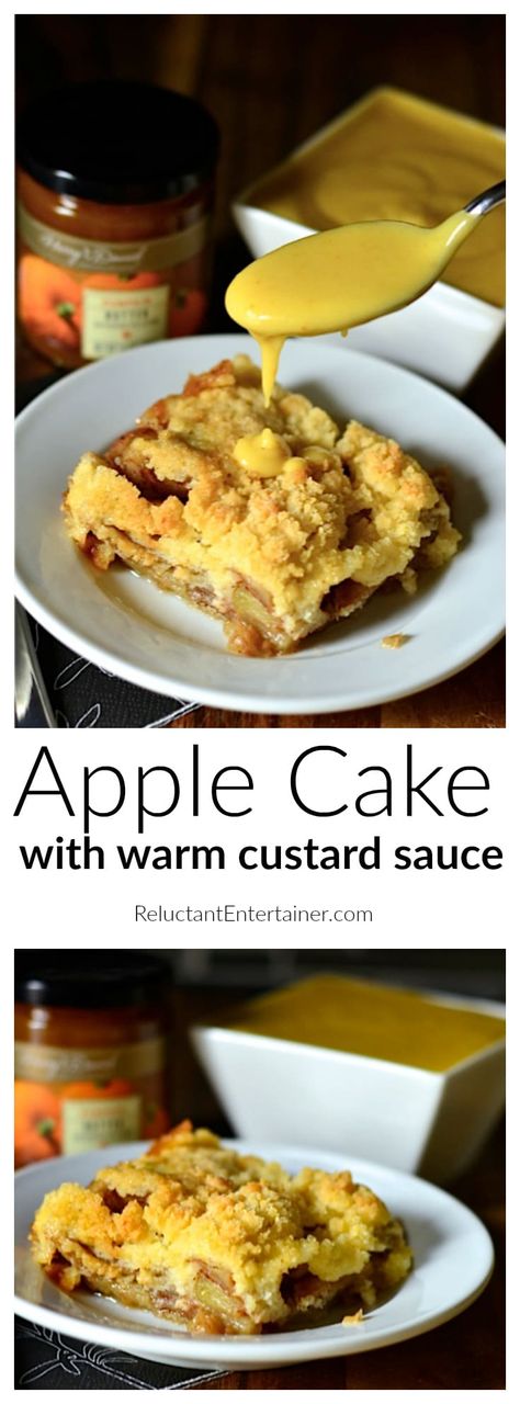 Apple Cake with Custard Sauce at ReluctantEntertainer.com Cake With Custard Sauce, Cake With Custard, Cake Cravings, Fruit Desserts Easy, Winter Dessert, Custard Sauce, Dessert Cakes, Fruit Cakes, Fall Dinner Party