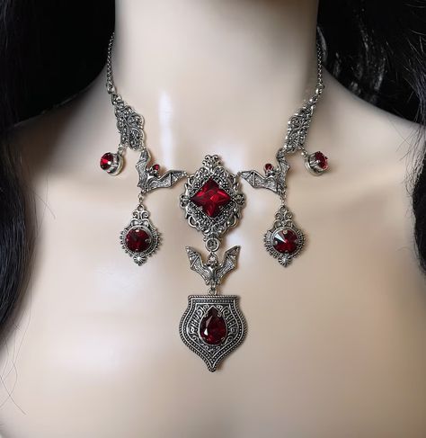 Dark Ruby Blood Red/garnet Filigree Antique Silver Vampire - Etsy Vampire Jewelry, Bat Necklace, Antique Silver Necklace, Victorian Necklace, Gothic Vampire, By Any Means Necessary, Vampire Bat, Gothic Victorian, Choker Pendant