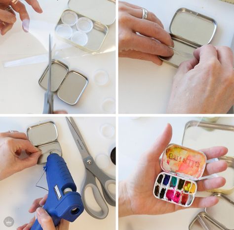 DIY | Make your own mini paint palette out of almost any container | thinkmakeshareblog.com Painted Pallets Ideas, Diy Paint Palette, Matchbox Crafts, Travel Art Kit, Watercolor Kit, Pallet Painting, Watercolor Palette, Watercolor Art Lessons, Travel Diy