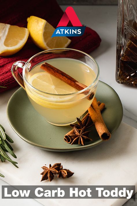 Here we have all the ingredients of a traditional hot toddy. The only swap is liquid stevia in place of honey. Explore this and 1,600 #lowcarb and #keto recipes at www.atkins.com/recipes Hot Toddy Recipe, Low Carb Holiday Recipes, Toddy Recipe, Hot Toddies Recipe, Low Carb Lifestyle, Low Carb Holiday, Atkins Recipes, High Carb Foods, Holiday Drink